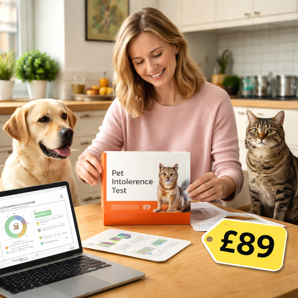 A photorealistic scene of a British homeowner opening an at‑home pet intolerance test kit on a kitchen table, with a Labrador and a tabby cat nearby, showing a price tag sticker and a laptop displaying test results. Alt: uk pet intolerance test cost illustration.