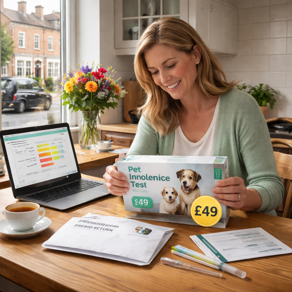 A photorealistic scene of a British homeowner at a kitchen table opening a pet intolerance test kit, with a clearly labelled price tag showing £49, a prepaid envelope, and a laptop displaying a colour‑coded results report. Alt: uk pet intolerance test cost breakdown illustration in realism style.