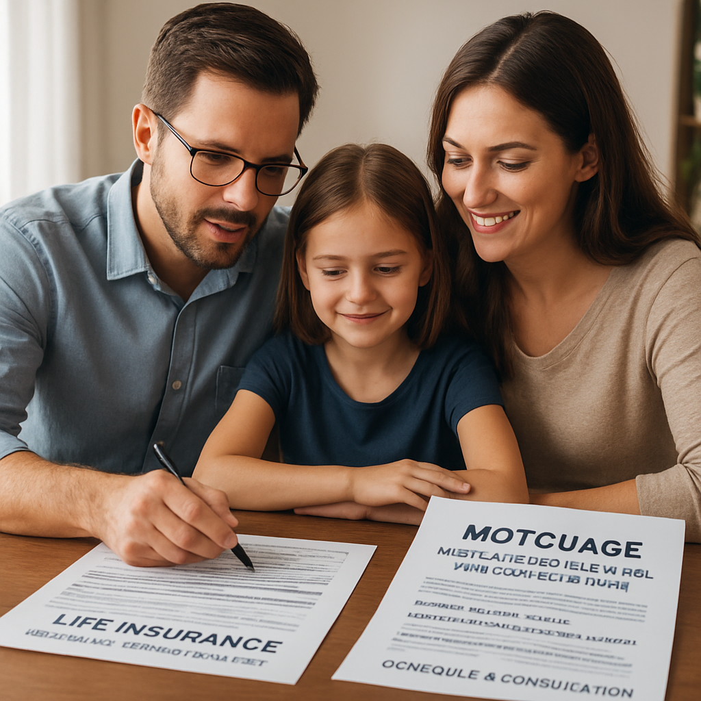 A family reviewing mortgage paperwork with a life insurance policy document on the table. Alt: universal life insurance with living benefits for mortgage protection and retirement planning