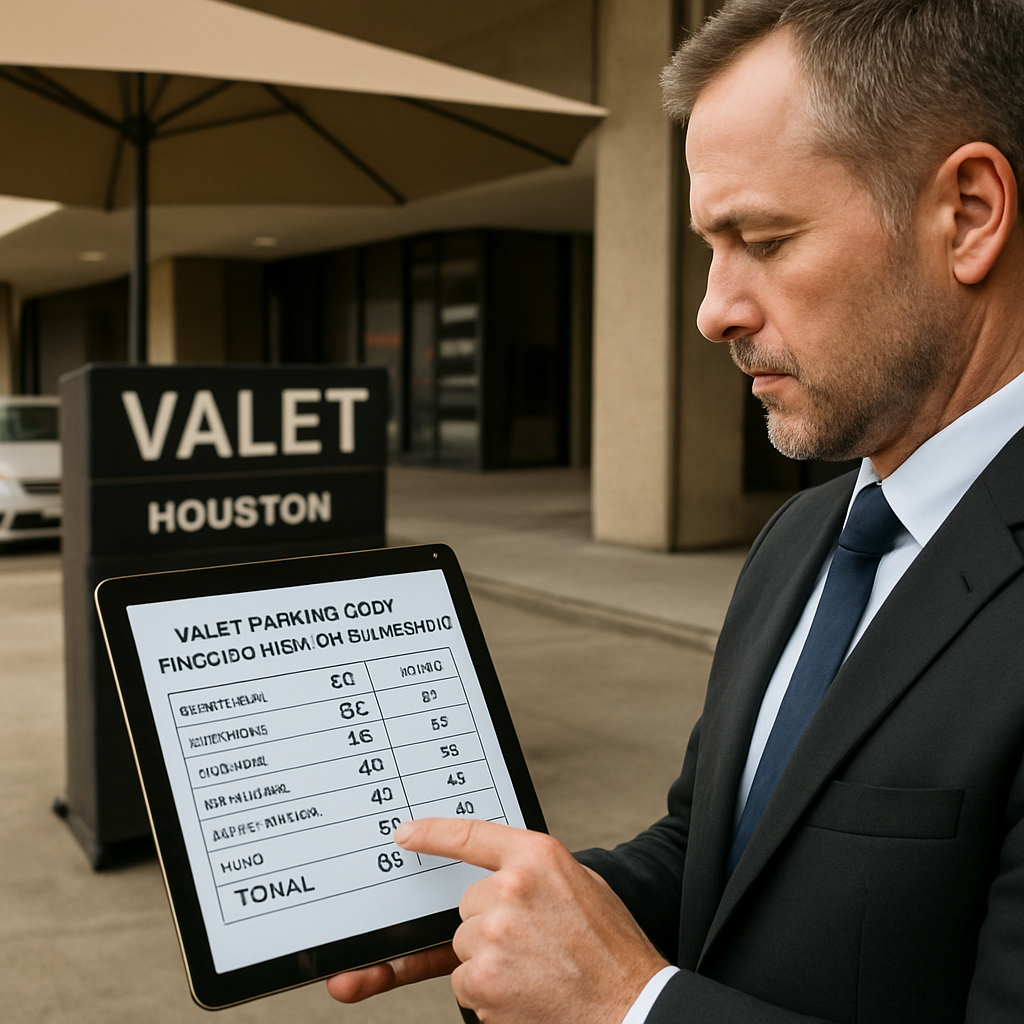 A photorealistic image of a Houston valet stand with a manager reviewing a cost spreadsheet on a tablet, showing a detailed breakdown of valet parking cost for property managers. Alt: Detailed view of valet parking cost analysis for property managers.