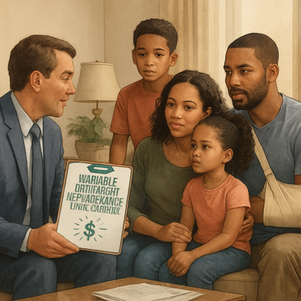 Illustration of a diverse family using variable universal life insurance living benefits for financial security. Alt: Variable universal life insurance living benefits providing financial support during lifetime emergencies.