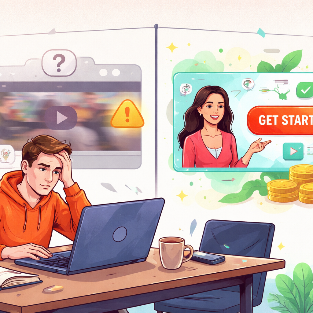 Illustration of a SaaS founder sitting at a desk, looking frustrated at a blurry, low‑quality video on a laptop screen while a bright, concise video thumbnail with a clear CTA sits beside it, symbolizing the contrast between ineffective DIY videos and a purpose‑driven, high‑conversion video. Alt: Video marketing conversion rate comparison illustration