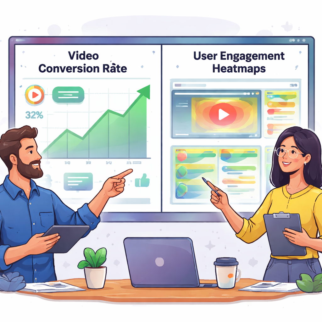 Illustration of a SaaS founder and a product manager looking at a split screen dashboard, one side showing a rising video marketing conversion rate graph, the other side highlighting user‑engagement heatmaps from a product demo video. Alt: Video marketing conversion rate benefits for founders and product managers