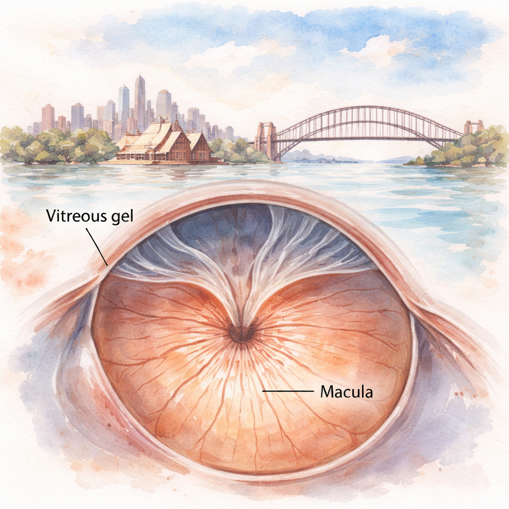 A watercolor painting of an eye’s macula being gently tugged by the vitreous gel, showing subtle distortion of central vision lines, set against a soft Sydney skyline background, emphasizing the patient’s perspective. Alt: Vitreomacular traction symptoms illustrated in watercolor style.