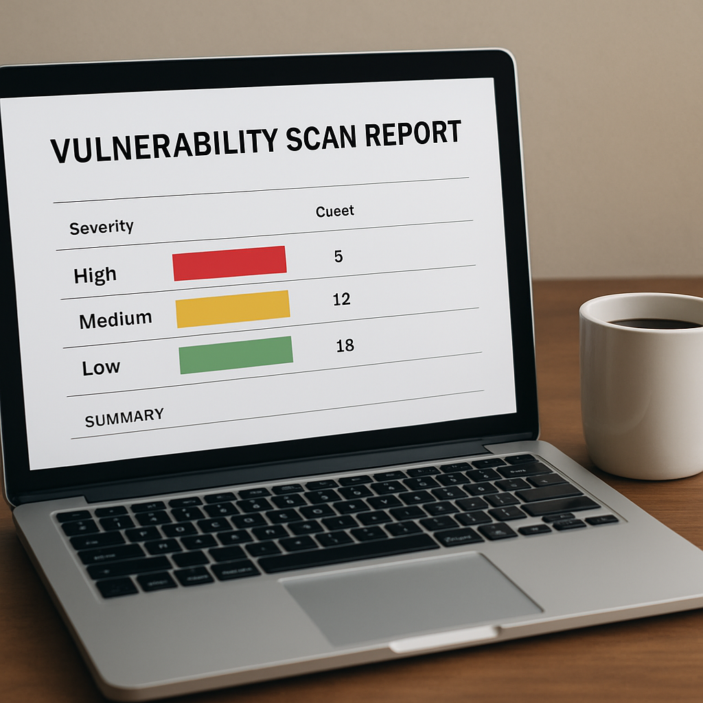 Vulnerability scan report displayed on laptop screen, highlighting severity levels: 5 high (red), 12 medium (yellow), 18 low (green), emphasizing importance of security management for SMBs.