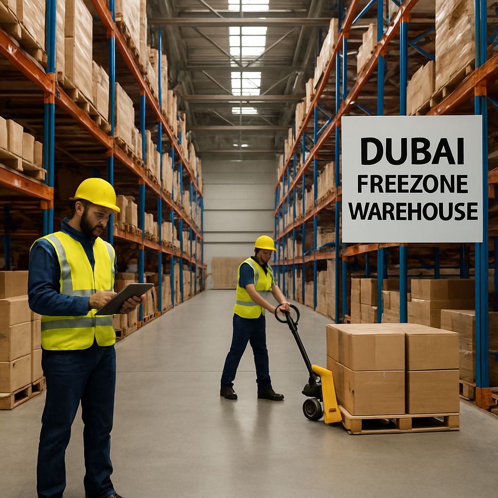 A modern Dubai free‑zone warehouse interior with pallets, racking, and workers wearing safety helmets. Alt: warehouse licence in Dubai free zone cost – visual guide to warehouse setup and licensing.