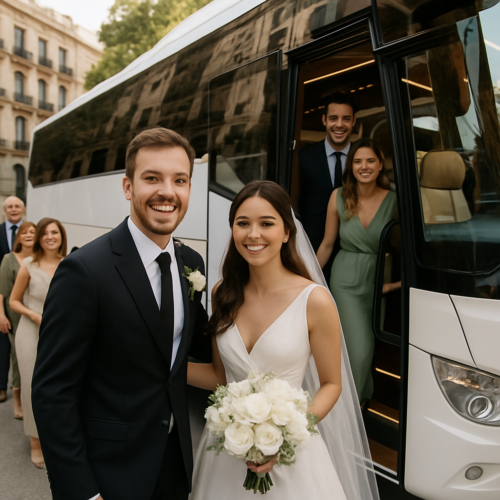 A cheerful wedding couple boarding a stylish wedding bus with guests, showcasing comfort and luxury. Alt: Wedding guests boarding a modern wedding bus in Madrid, highlighting luxury group transport.