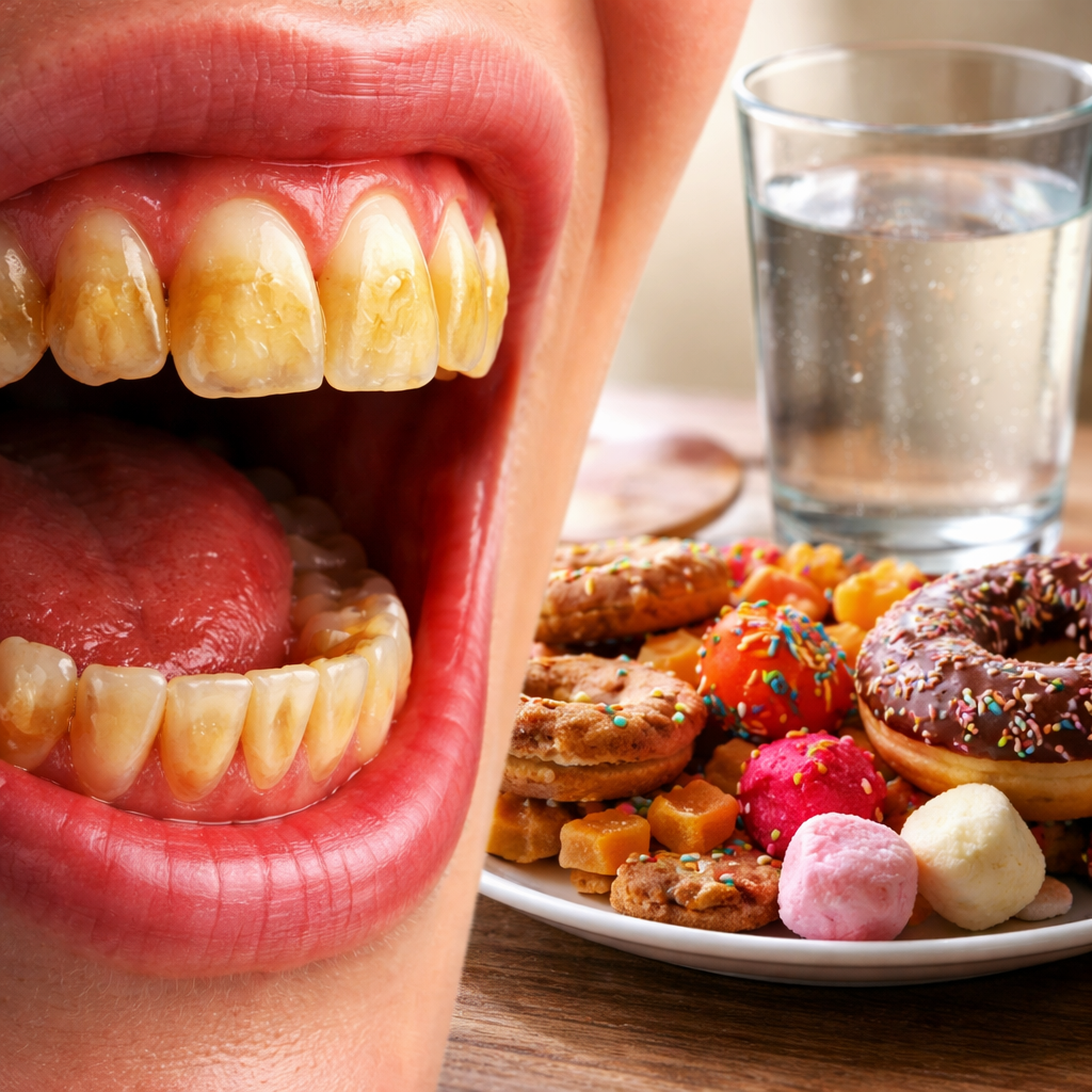 A photorealistic close‑up of a mouth showing plaque buildup on teeth next to a plate of sugary snacks and a glass of water, realistic lighting, emphasizing the contrast between sugary foods and a clean, hydrated mouth. Alt: Plaque buildup caused by sugary diet versus healthy hydration.