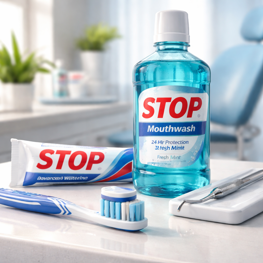 A photorealistic close‑up of a toothbrush with STOP toothpaste, a STOP Mouthwash bottle, and a dental chair with a hygienist’s scaler, all arranged on a clean bathroom countertop, bright natural lighting, realistic style, appealing to adults aged 18‑70 worldwide.