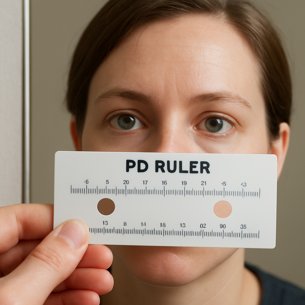 A person holding a printable PD ruler in front of a mirror, with a clear focus on the pupils. Alt: Person measuring pupillary distance for glasses prescription.