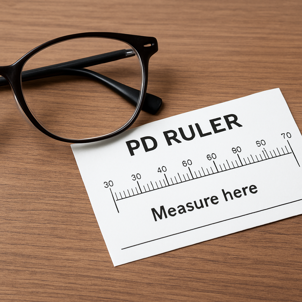 A close‑up of a pair of glasses on a desk with a printable PD ruler next to them. Alt: PD measurement guide for glasses.