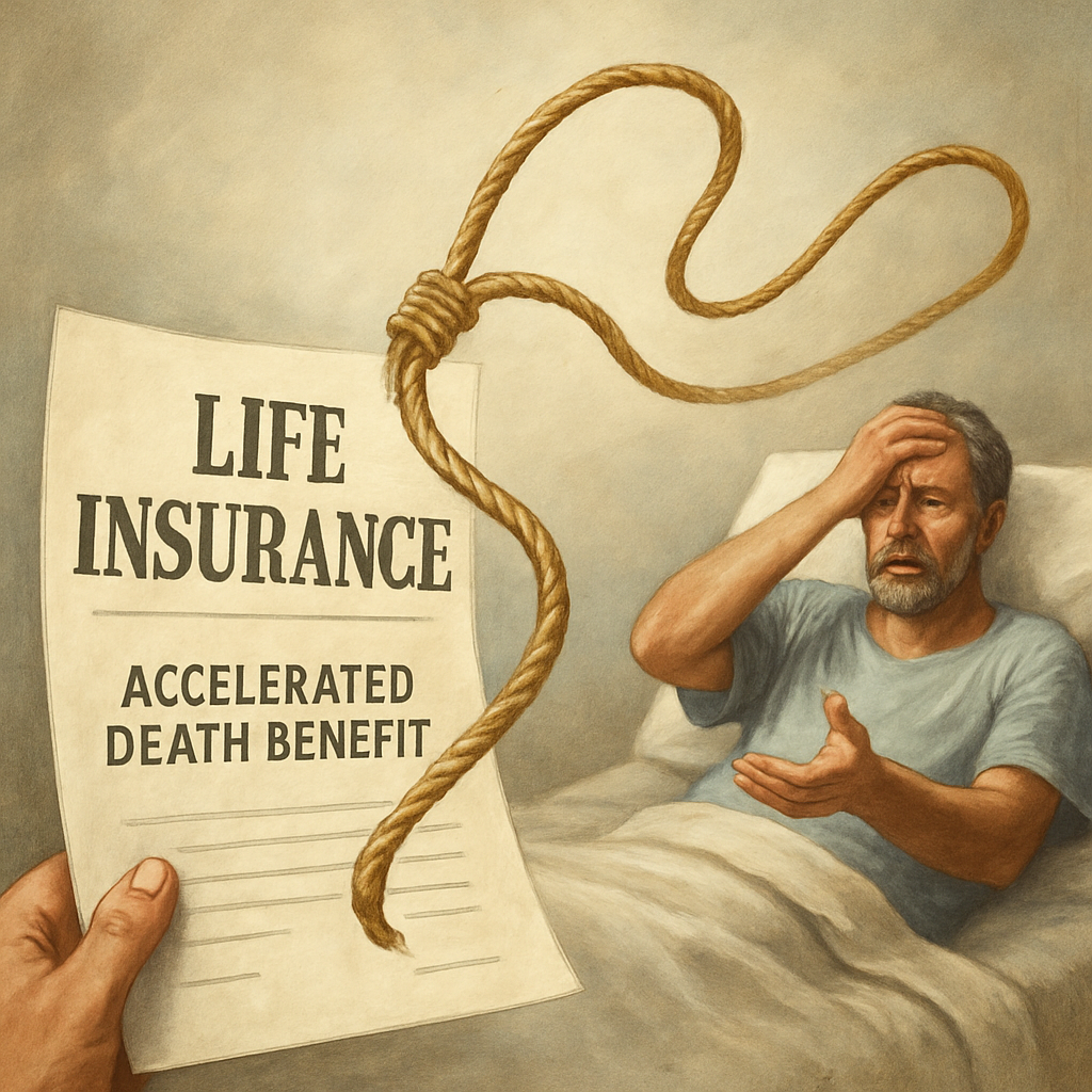 An illustration of a lifeline rope being thrown from a life insurance policy document to a person in need. Alt: Accelerated death benefit life insurance helping someone access money early during a health crisis.