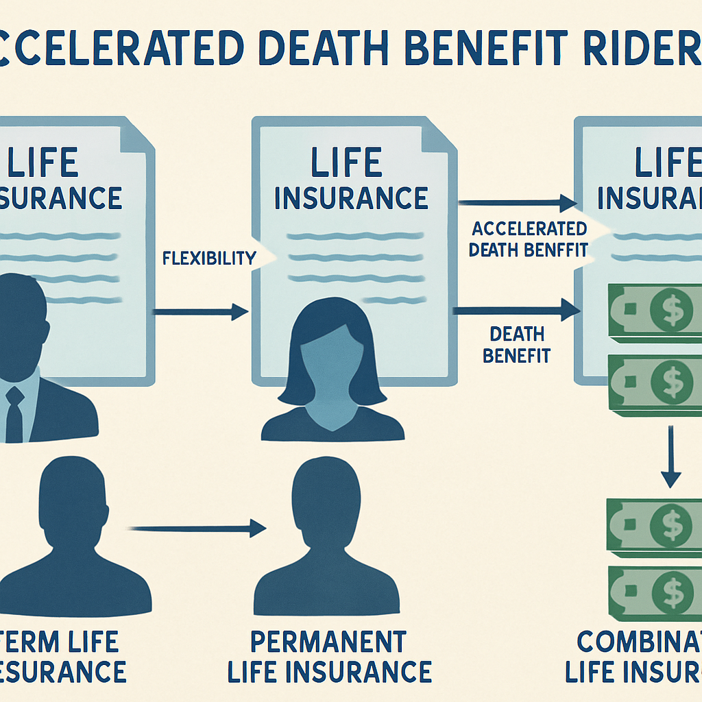 Illustration comparing life insurance policy types with accelerated death benefit riders showing flexibility and payout options. Alt: Comparison of accelerated death benefit riders across term, permanent, and combination life insurance products.