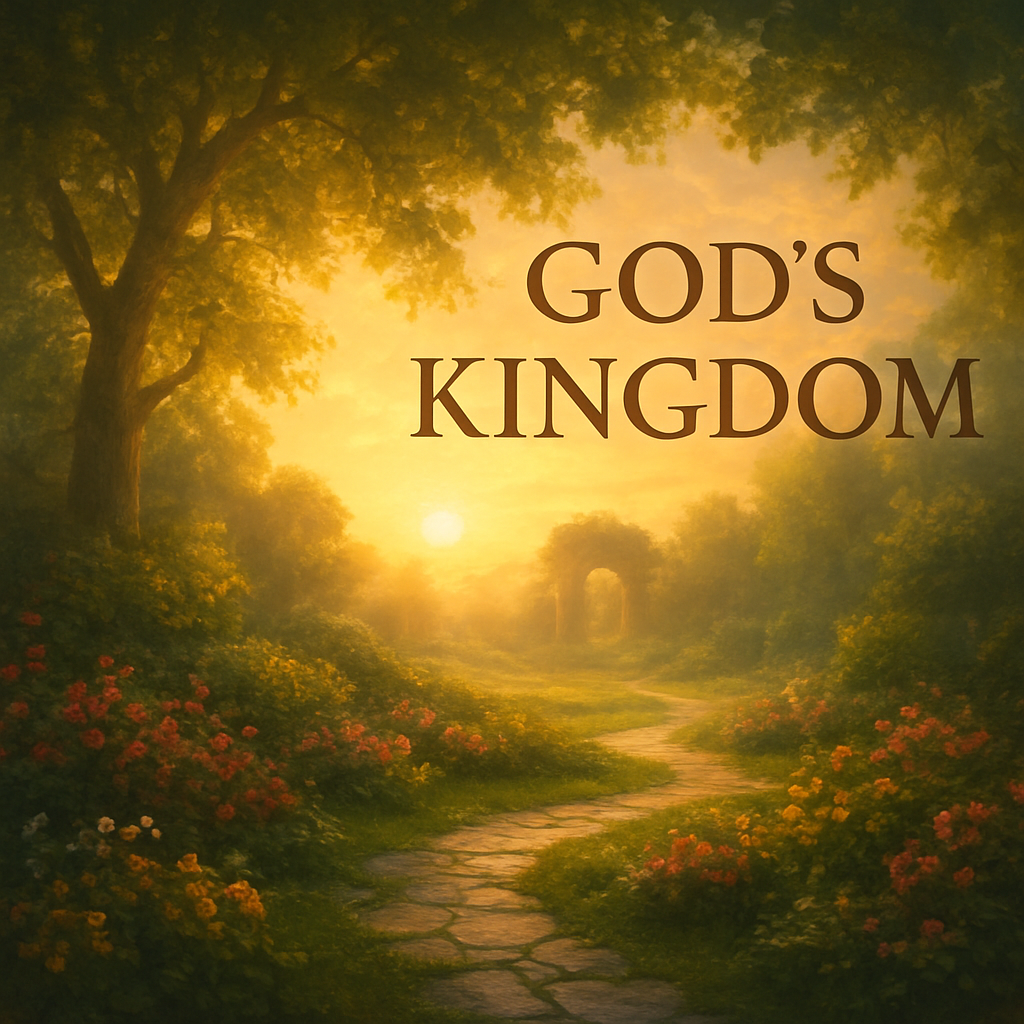 A tranquil garden sunrise symbolizing the Kingdom of God, with soft light filtering through leaves. Alt: Visual metaphor for understanding what is god's kingdom