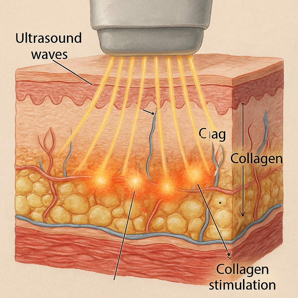 A detailed cross-sectional illustration of skin layers showing ultrasound waves penetrating deeply, targeting collagen-rich layers, with hot spots indicating collagen stimulation. Alt: Diagram illustrating how HIFU treatment stimulates collagen production beneath the skin.