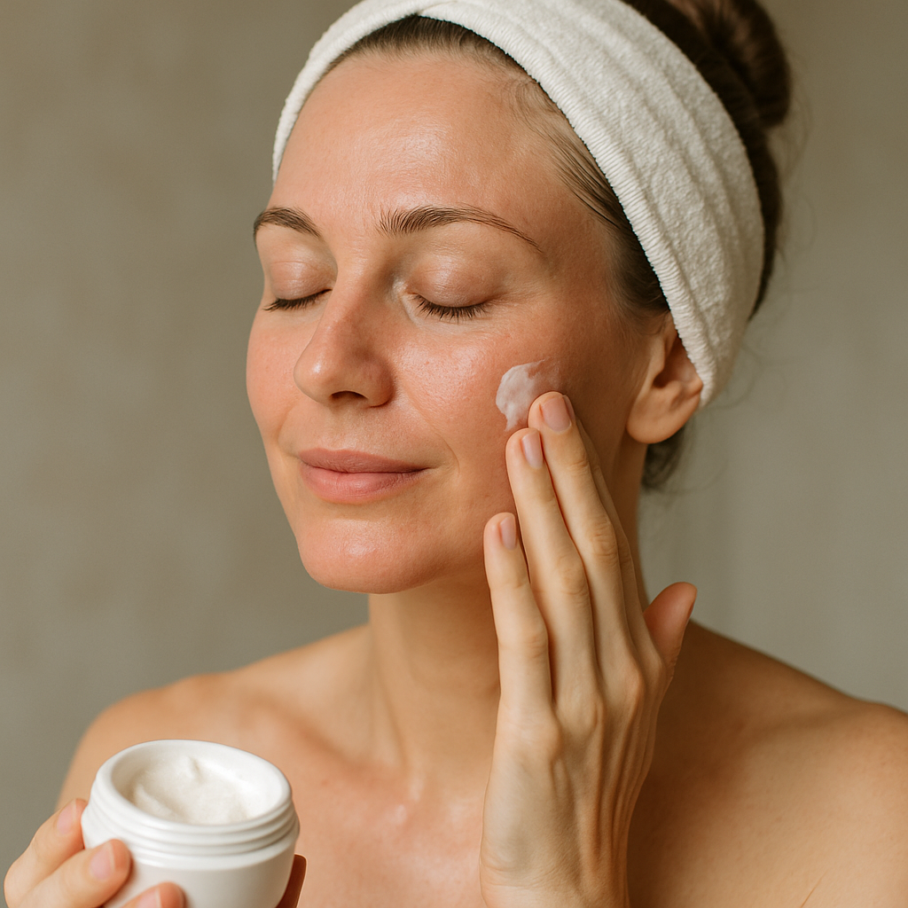 A serene woman gently applying moisturizer to her freshly treated face, highlighting skincare post-HIFU treatment. Alt: Post-treatment care for youthful skin after HIFU therapy.