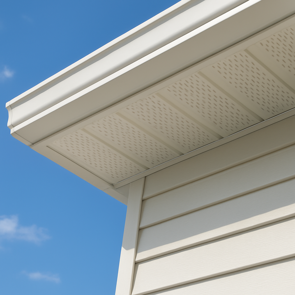 A close‑up view of a house eave showing white vinyl soffit with perforated ventilation holes, bright daylight, clean architectural lines. Alt: soffit board ventilation detail on a residential home