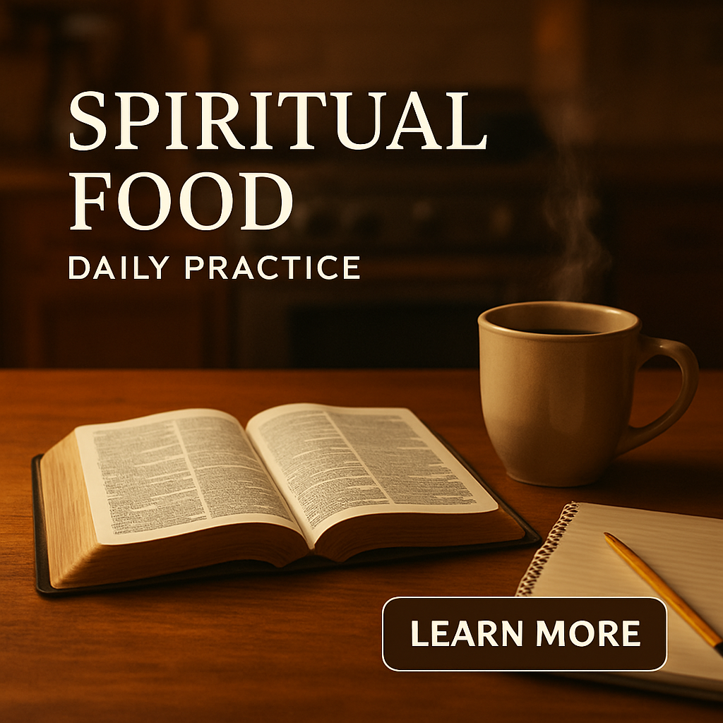 A warm kitchen table with an open Bible, a steaming mug, and a notebook, symbolizing daily spiritual nourishment. Alt: Spiritual food daily practice illustration