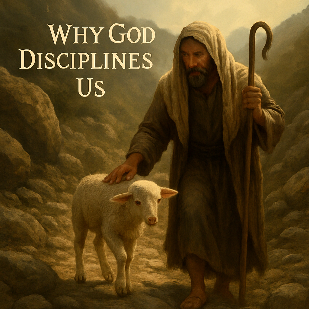 A serene illustration of a shepherd gently guiding a lamb through a rocky path, symbolizing divine discipline. Alt: Biblical divine discipline shepherd guiding lamb.