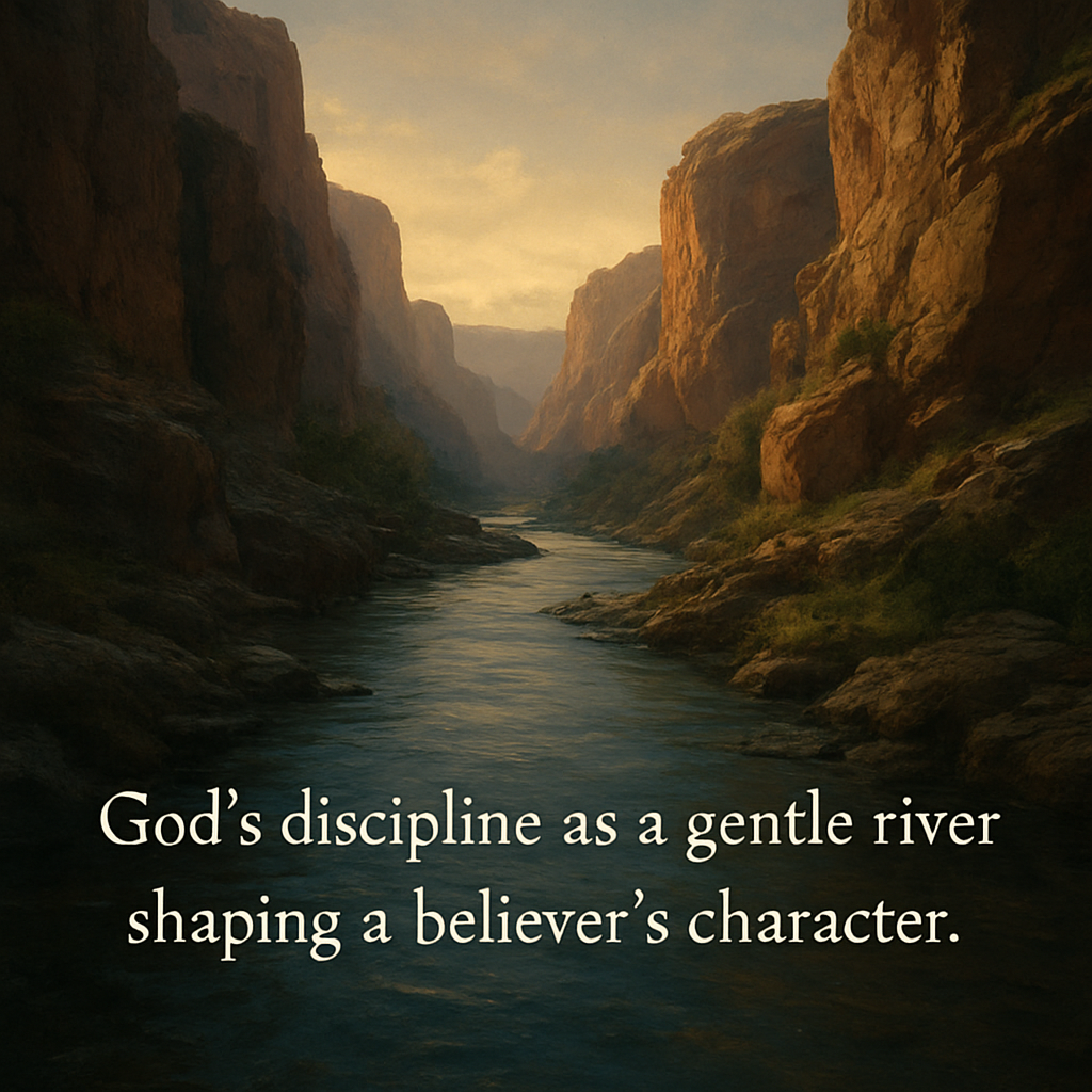 A calm river flowing through a rocky canyon, symbolizing divine discipline guiding a believer through challenges. Alt: “God’s discipline as a gentle river shaping a believer’s character.”
