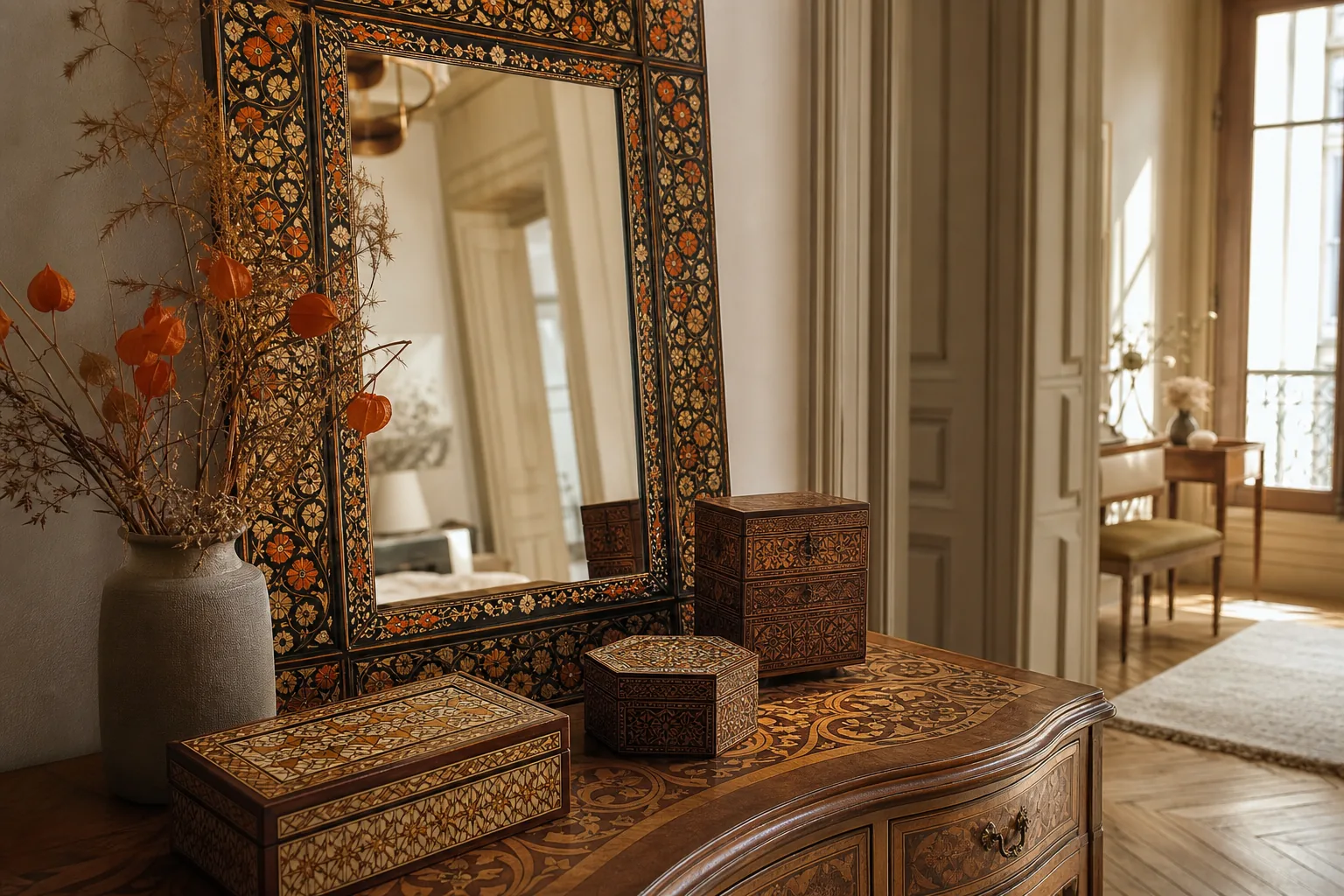 hand-painted Persian mirror and collectible décor styled by scale and color