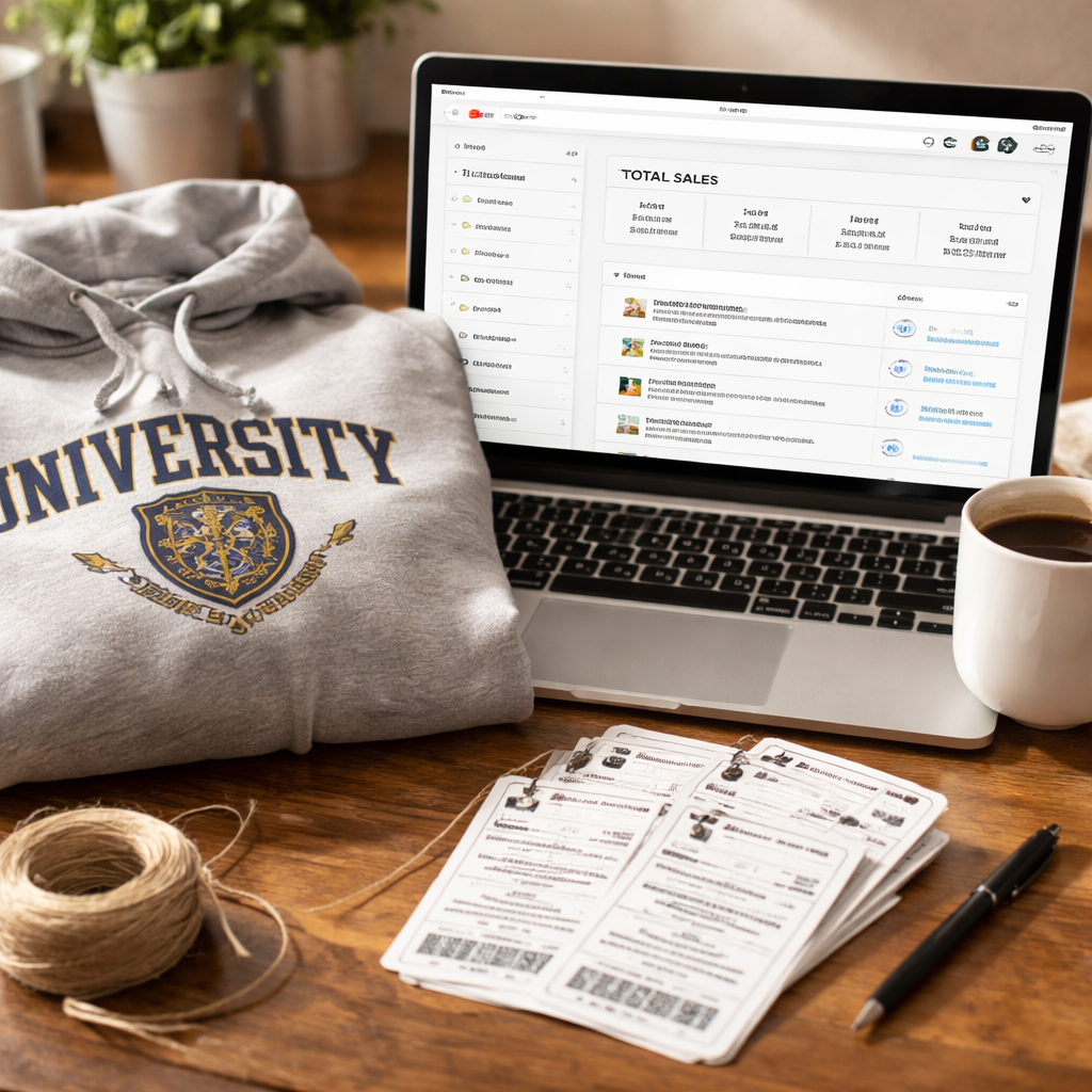 A photorealistic scene showing a laptop open to an Etsy shop dashboard, a university hoodie next to a coffee mug, and a stack of printed order tags. Alt: university hoodie print on demand marketing and order management.