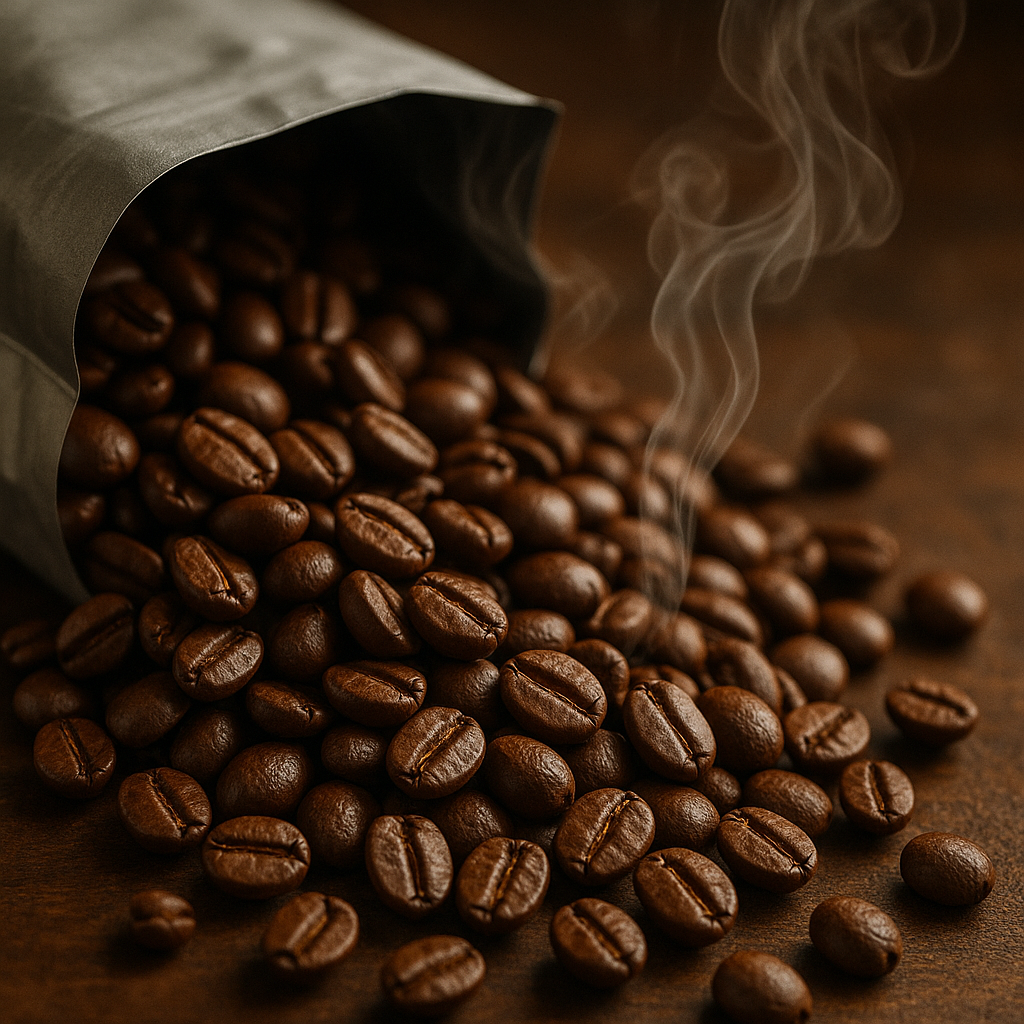 Close-up of freshly roasted espresso coffee beans spilling from a bag with an ethereal aroma swirl. Alt: Freshly roasted espresso coffee beans for espresso subscription flavor experience.