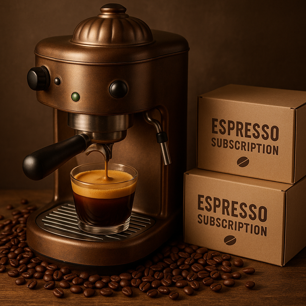A bronze espresso machine extracting a perfect shot with rich, velvety crema, surrounded by fresh espresso beans and subscription boxes. Alt: Espresso subscription delivering fresh beans for perfect espresso shots.