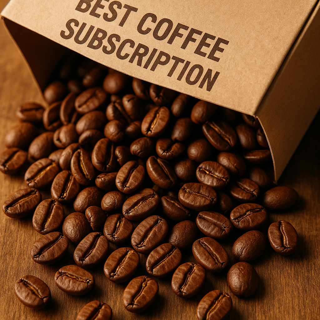 Close-up shot of freshly roasted coffee beans spilling from a subscription box, emphasizing freshness and quality. Alt: Best coffee subscription box fresh roasted beans spilling out of packaging.