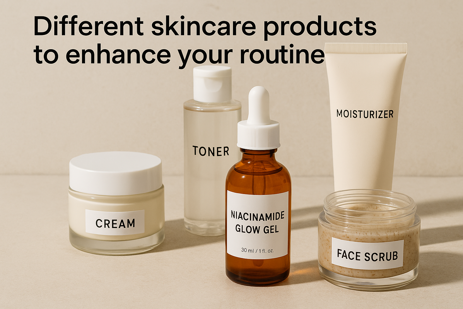 Varieties of skincare products, including niacinamide glow gel. Alt: “Different skincare products to enhance your routine.”