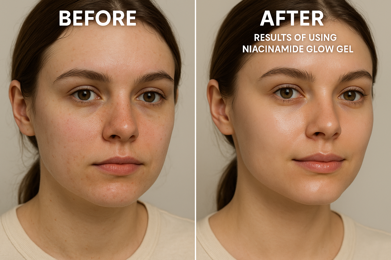 Before and after skin transformation using niacinamide glow gel. Alt: “Before and after results of using niacinamide glow gel.”
