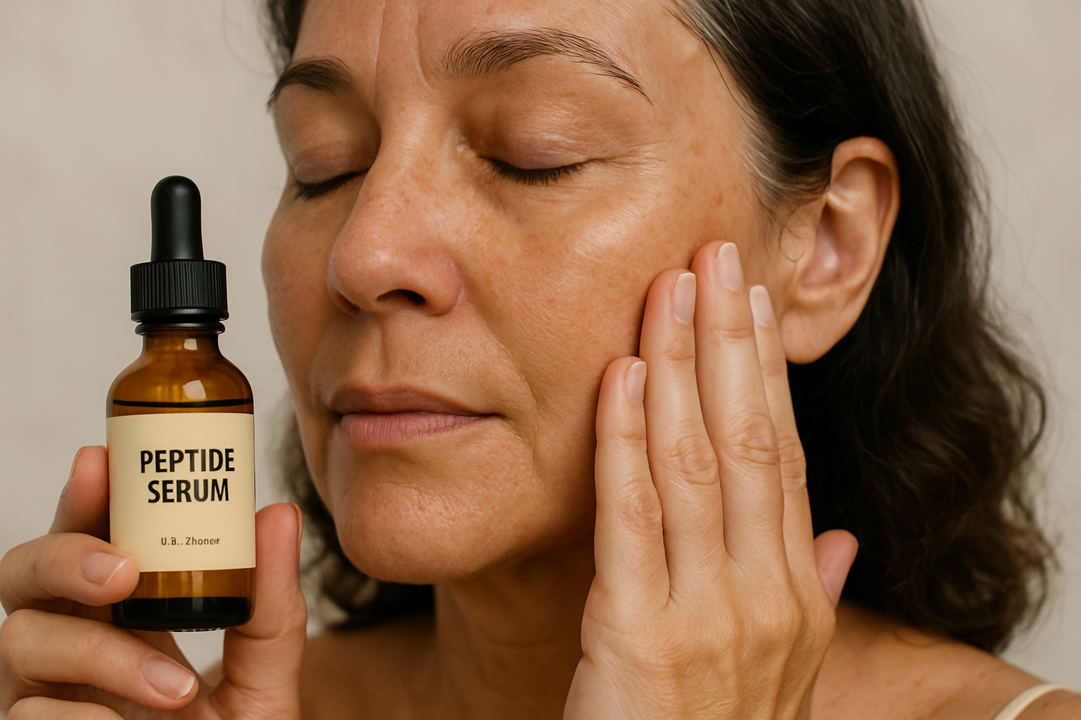 Close-up of a woman gently patting peptide serum into her mature skin, highlighting the elegant minimal skincare routine. Alt: organic peptide serum for mature skin application technique