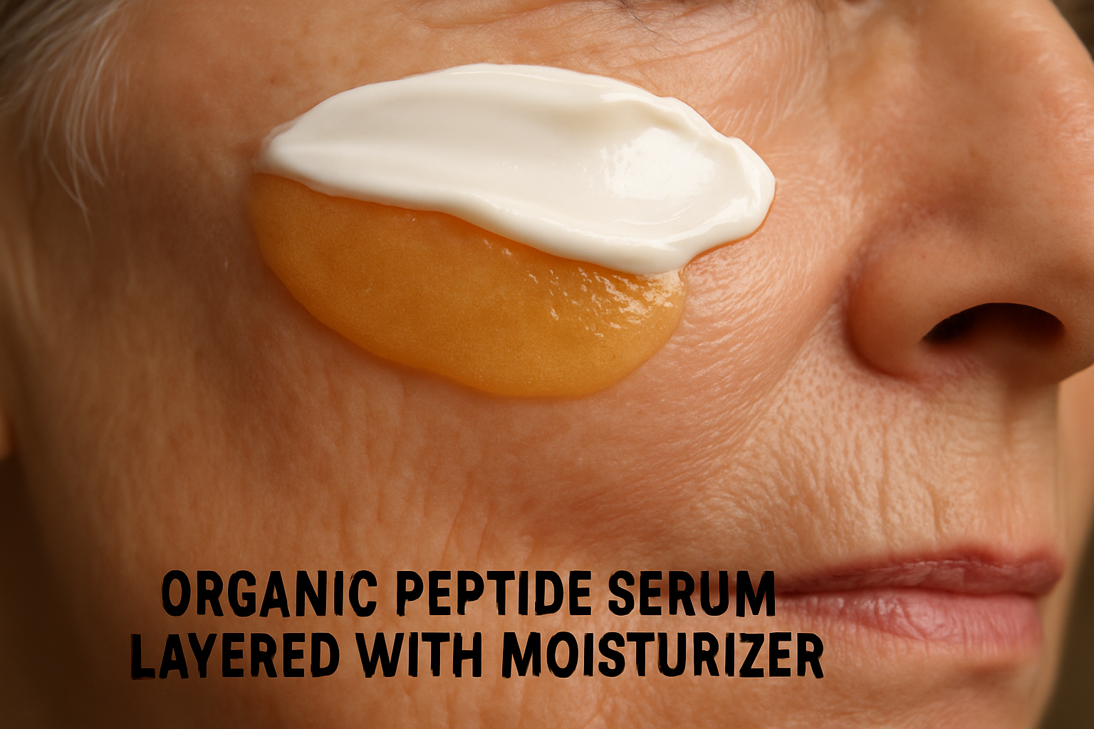 Visual contrast showing layering of organic peptide serum followed by fragrance-free moisturizer, highlighting compatibility. Alt: organic peptide serum for mature skin layered with moisturizer