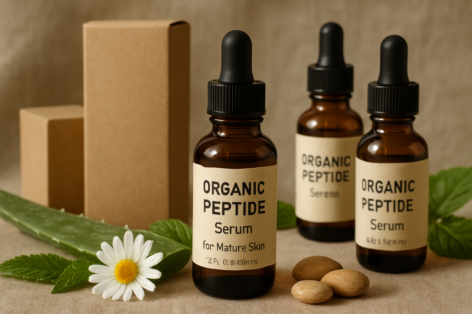 Collection of organic peptide serum bottles with eco-friendly packaging and natural ingredients displayed. Alt: organic peptide serum for mature skin sustainable packaging and natural blends