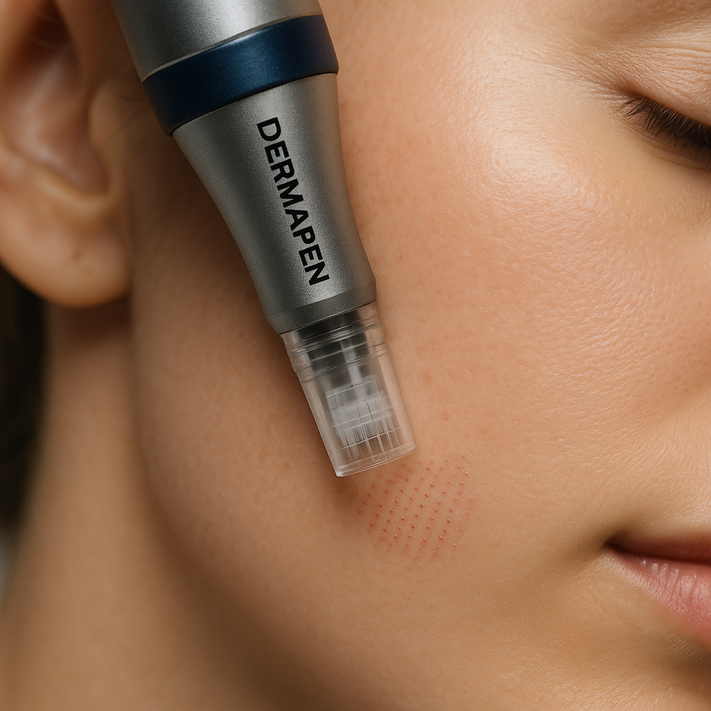 Close-up of a professional microneedling pen creating microchannels on youthful skin. Alt: Microneedling Barrie professional treatment for skin rejuvenation with Dermapen