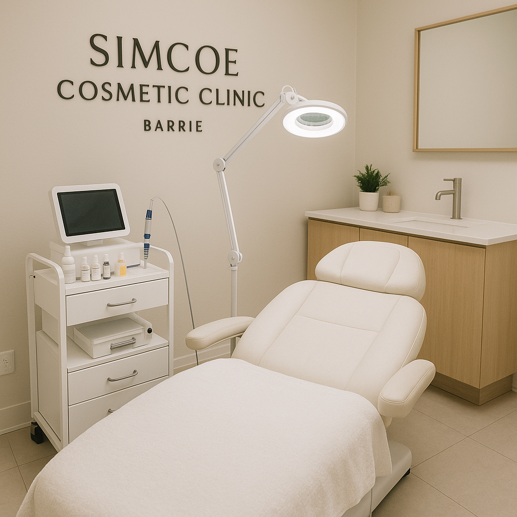 A serene clinic room at Simcoe Cosmetic Clinic in Barrie, showcasing professional microneedling setup. Alt: Professional microneedling Barrie clinic treatment environment