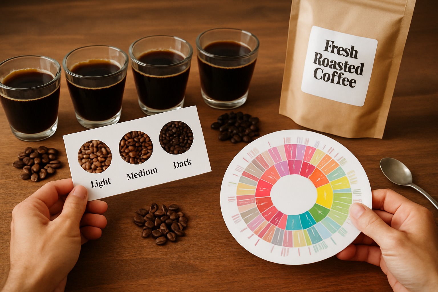 A person comparing different roast levels with a tasting wheel at a home coffee tasting session. Alt: Coffee tasting session showing fresh roasted coffee subscription beans with flavor wheel.
