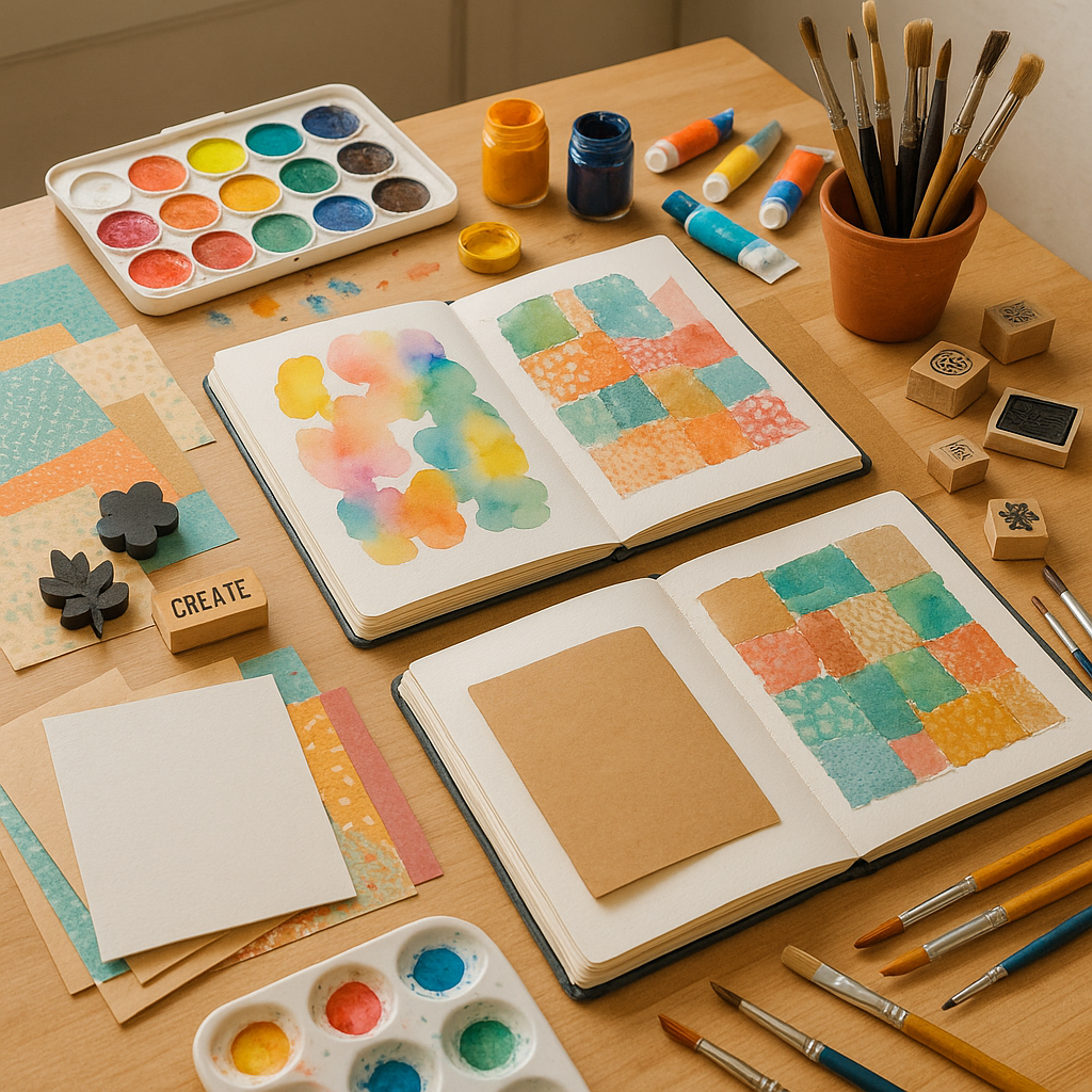 A bright, inviting art workspace with mixed media supplies like paints, papers, brushes, stamps, and journals spread out. Alt: Online mixed media art projects course supplies with watercolor paper and collage materials.