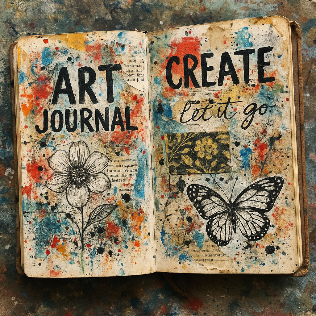 An art journal filled with mixed media pages, featuring bold textures, collage pieces, paint splatters, and hand lettering. Alt: Online mixed media art projects course creative journal practice.