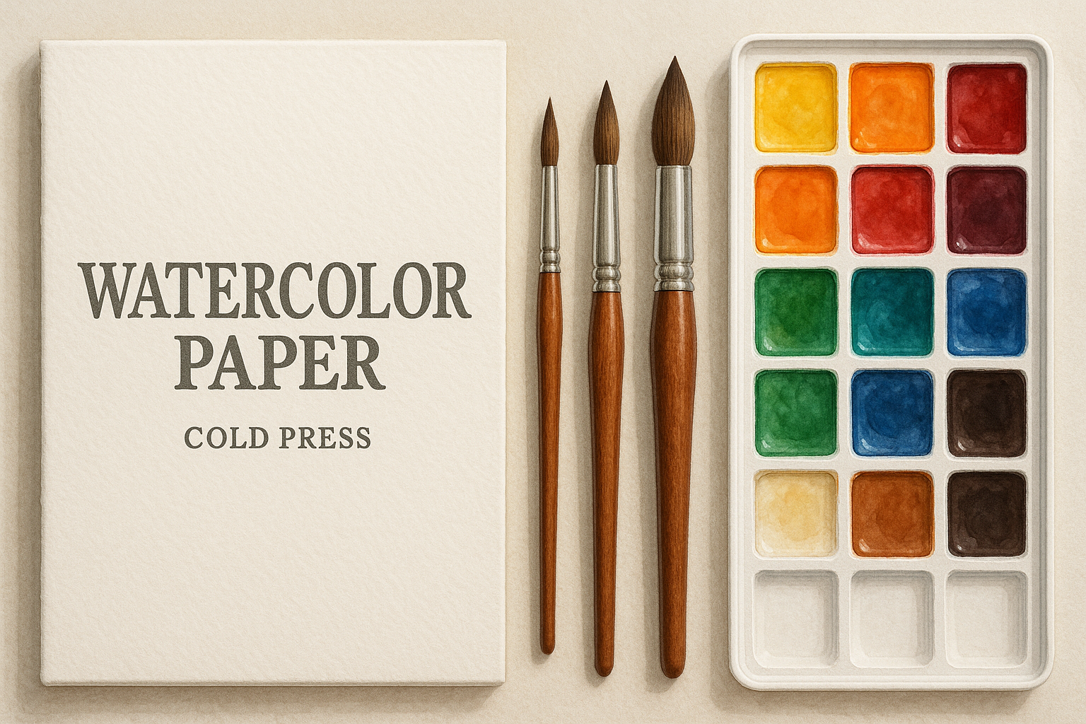 High-quality watercolor supplies set, including cold press paper, brushes, and palette. Alt: Free online watercolor class supplies for beginners.