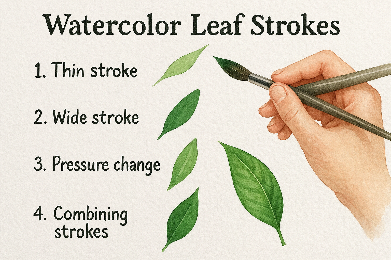 Step-by-step watercolor leaf strokes showing brush holds and pressure techniques. Alt: Practicing brush techniques in a free online watercolor class.