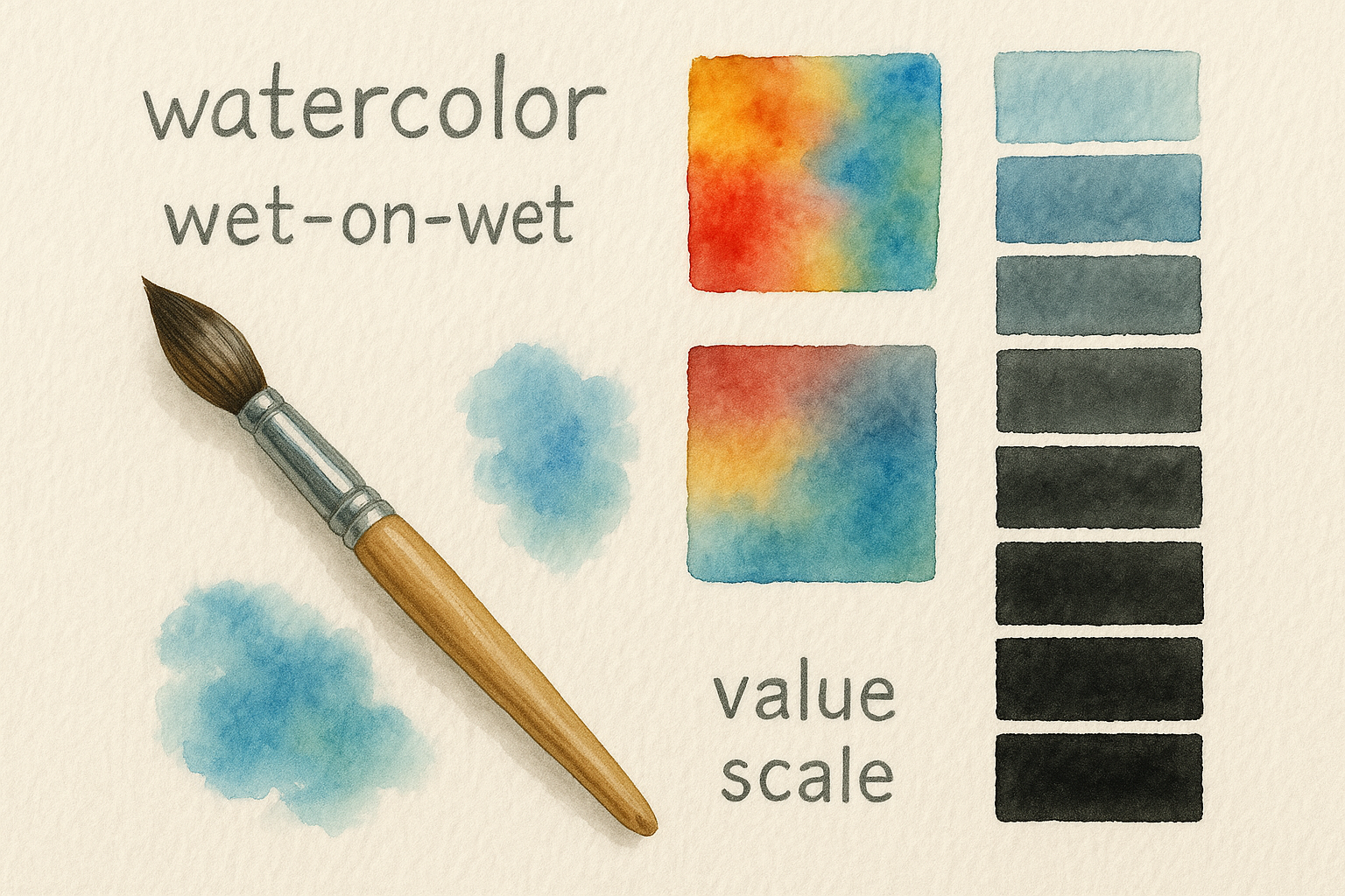Beginner watercolor artist practicing wet-on-wet and value scales. Alt: Learn watercolor in a free online watercolor class for beginners.