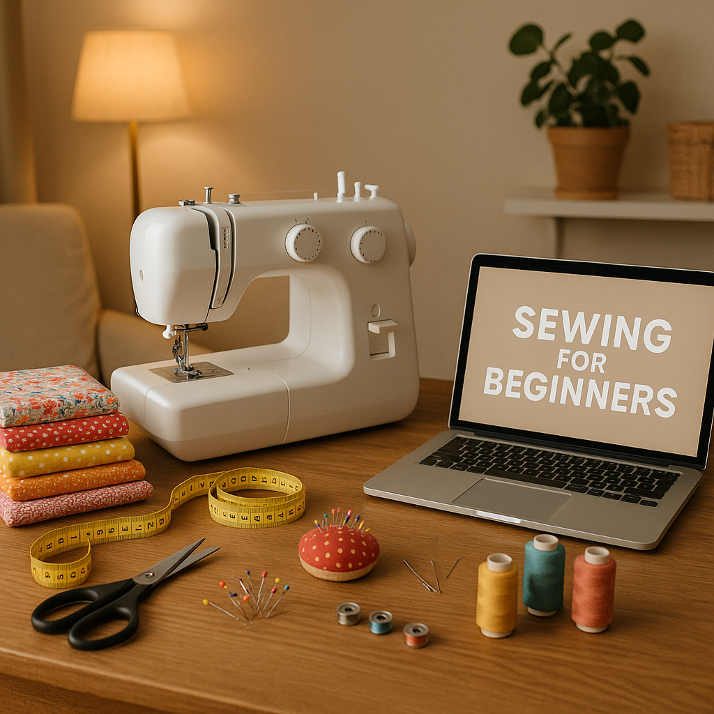 Cozy home sewing station setup with beginner sewing machine and colorful fabrics. Alt: Sewing for beginners online course workspace with basic tools and materials.