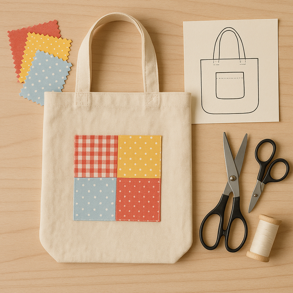 Beginner sewing project showing a simple tote bag and fabric scraps. Alt: Beginner sewing for beginners online course project with essential beginner fabric and pattern.