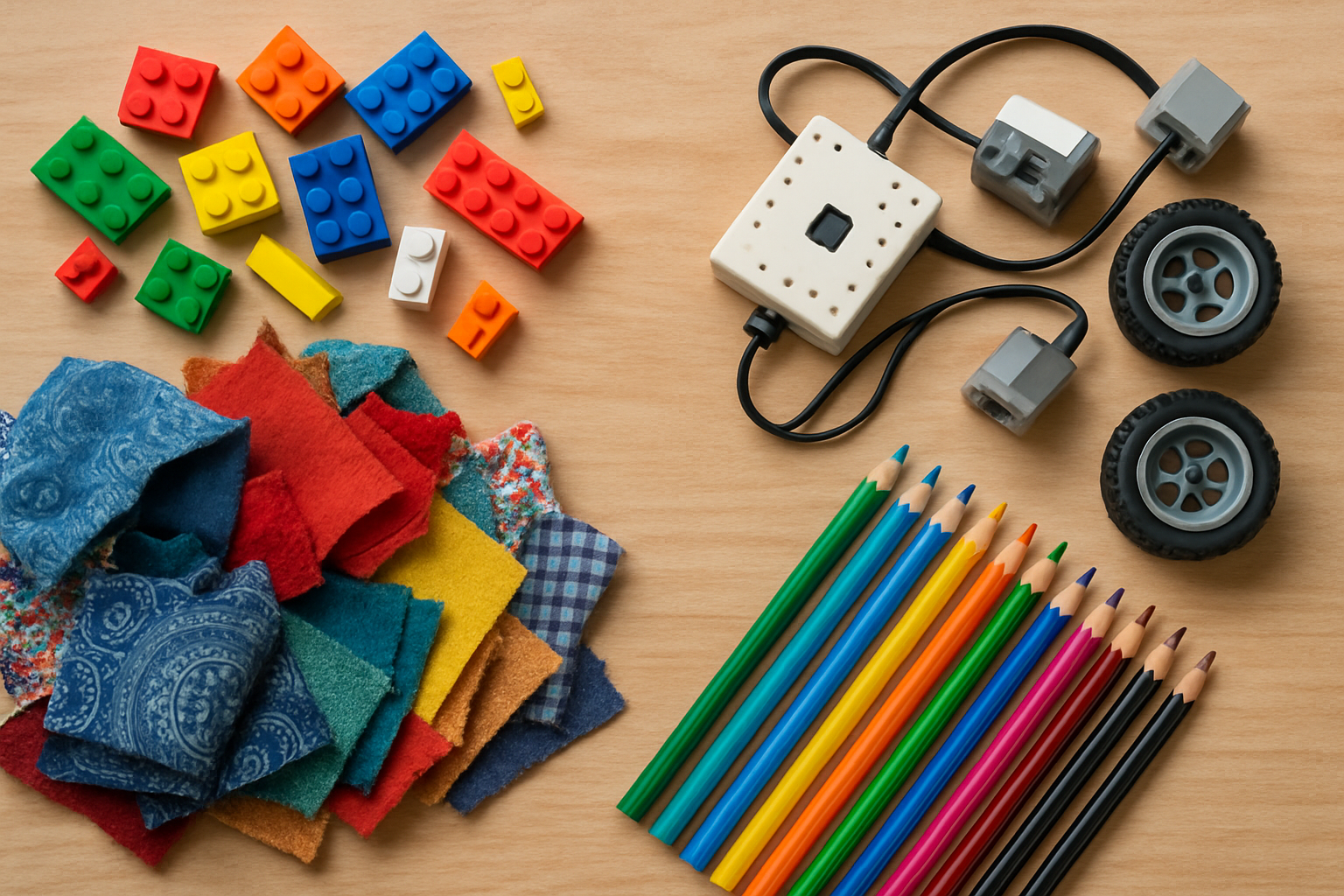 Variety of creative materials including LEGOs, fabric scraps, colored pencils, and robotics kits. Alt: Diverse creative materials illustrating broad possibilities in the creative learning spiral.