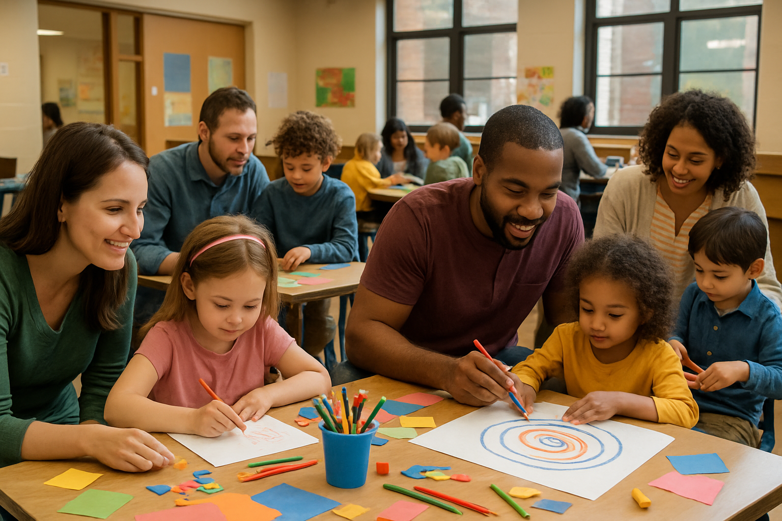 Children and parents collaborating on a creative project in a community center. Alt: Engaged collaborative creative learning spiral experience with family participation.