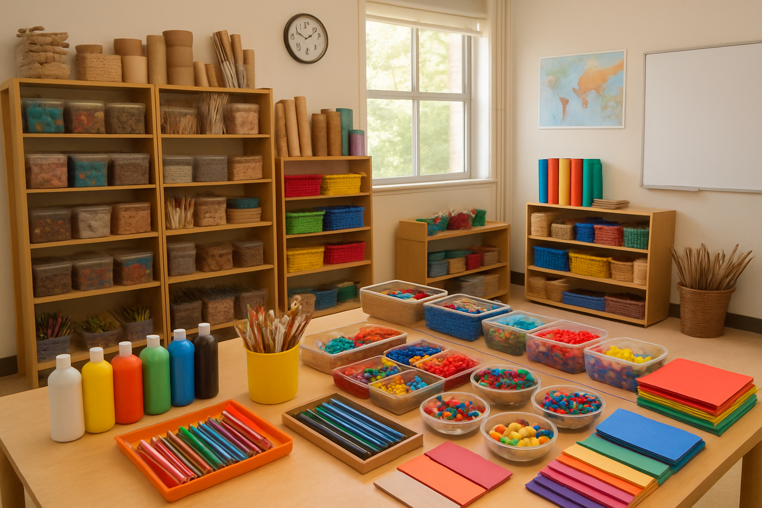 A classroom setup with diverse art and maker materials easily accessible to children. Alt: Creative learning spiral supportive environment with wide variety of materials.