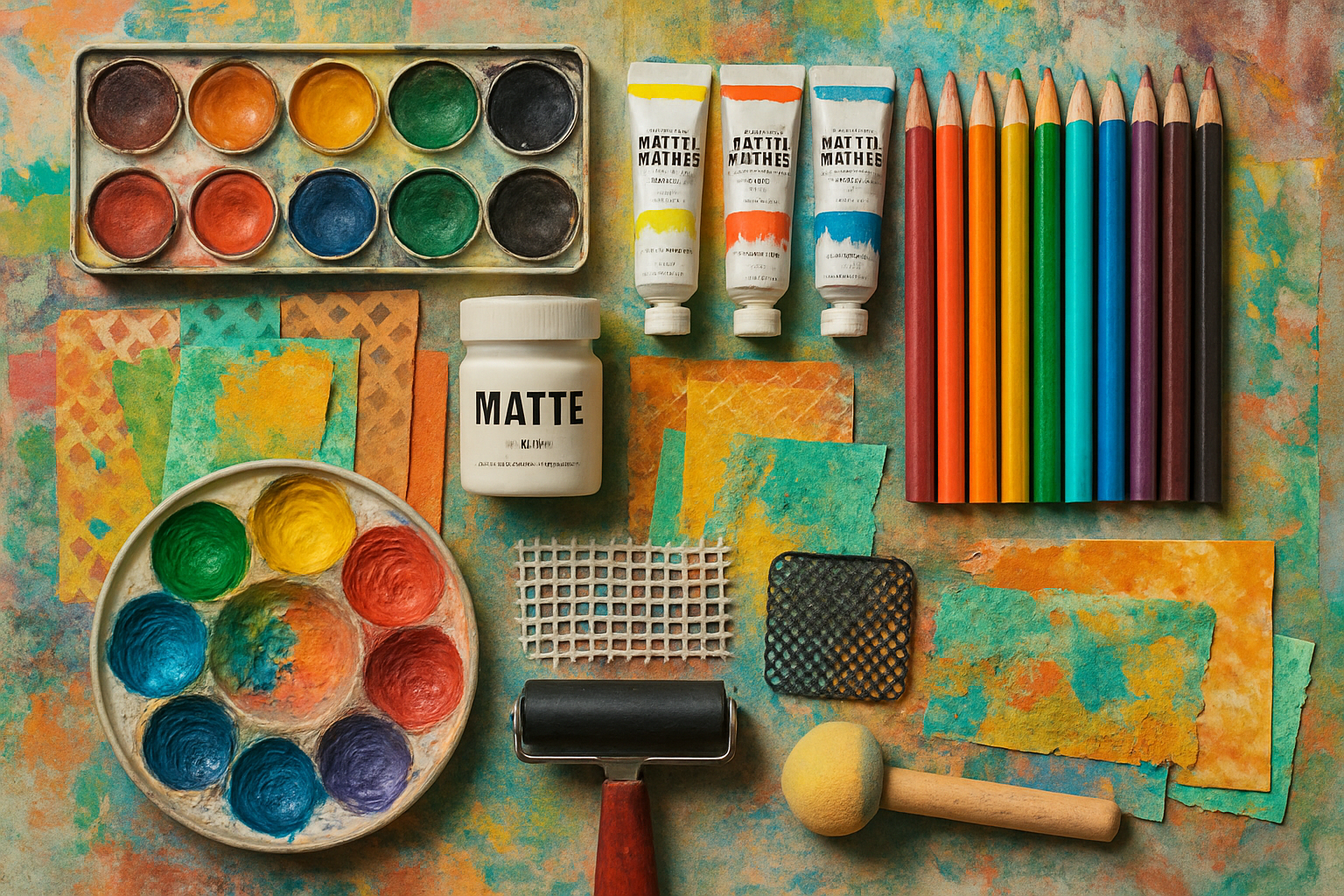 Assorted mixed media art supplies including paints, colored pencils, collage papers, and textured tools. Alt: Mixed media art supplies for beginners used in mixed media art courses.