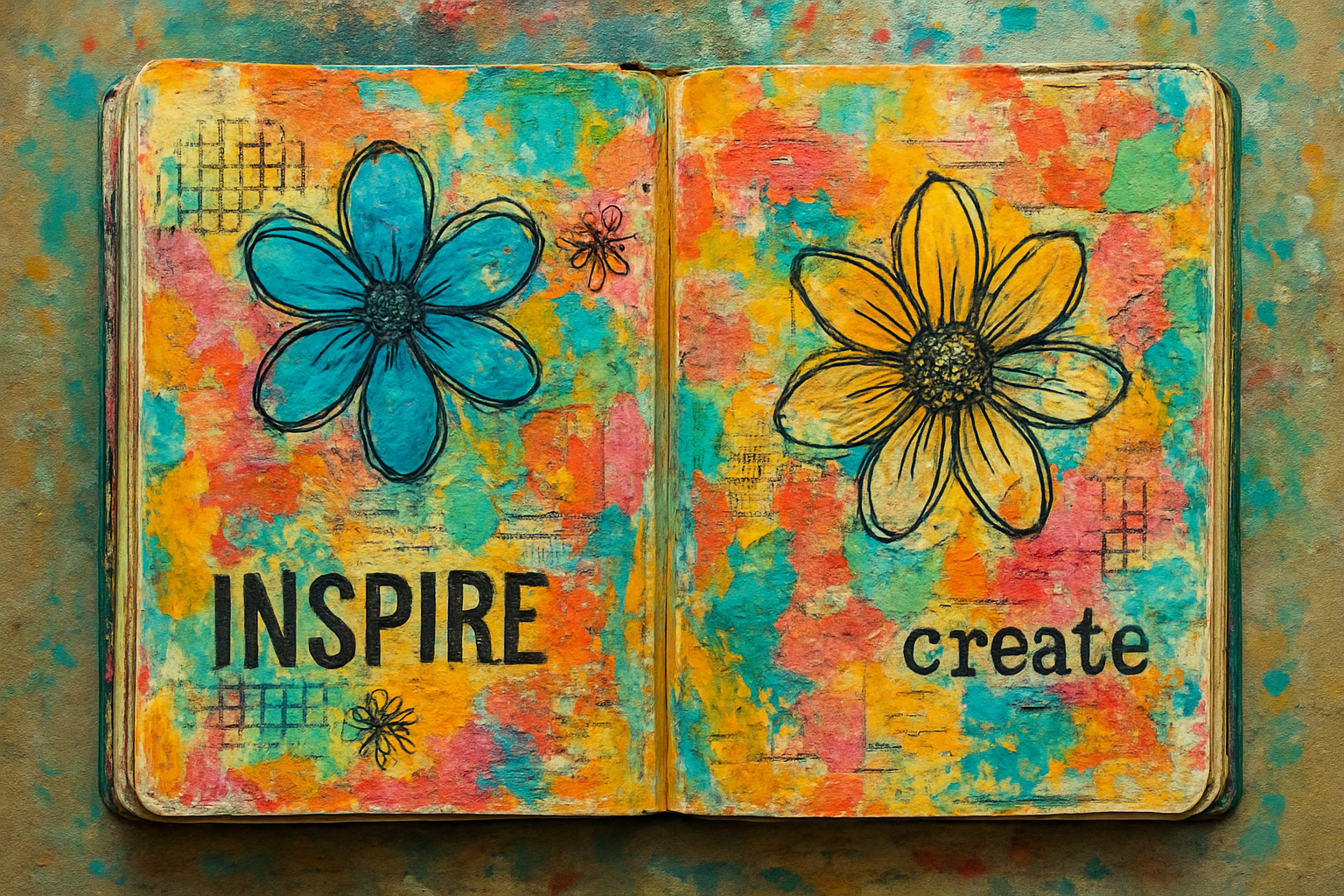A vibrant mixed media art journal spread incorporating collage paper, textured paint, and ink stamps. Alt: Example of a colorful mixed media art journal from a mixed media art course.