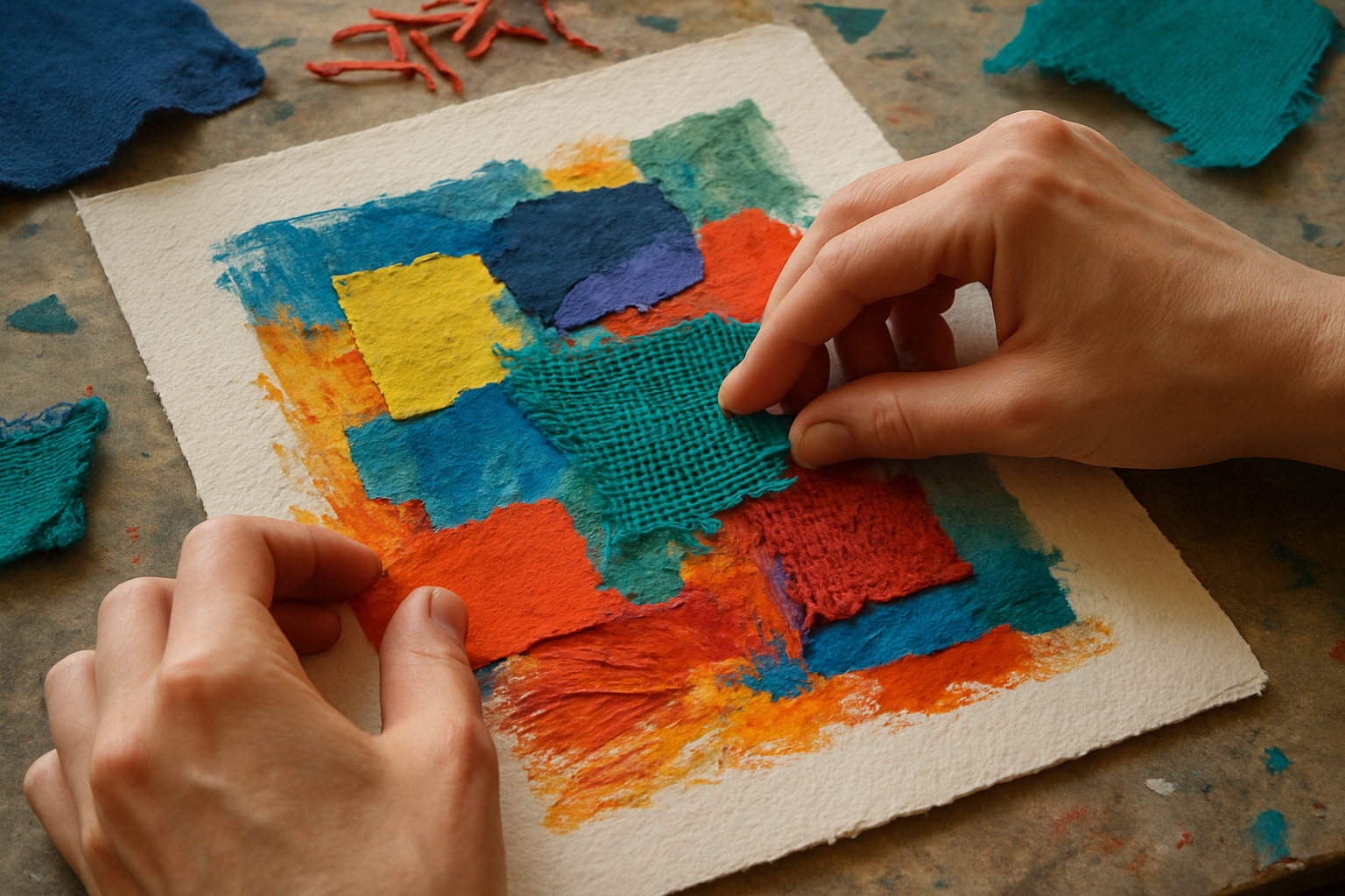 An artist's hands assembling colorful layers of collage, paint, and fabric on textured paper. Alt: Hands creating a mixed media art collage in a mixed media art course project.